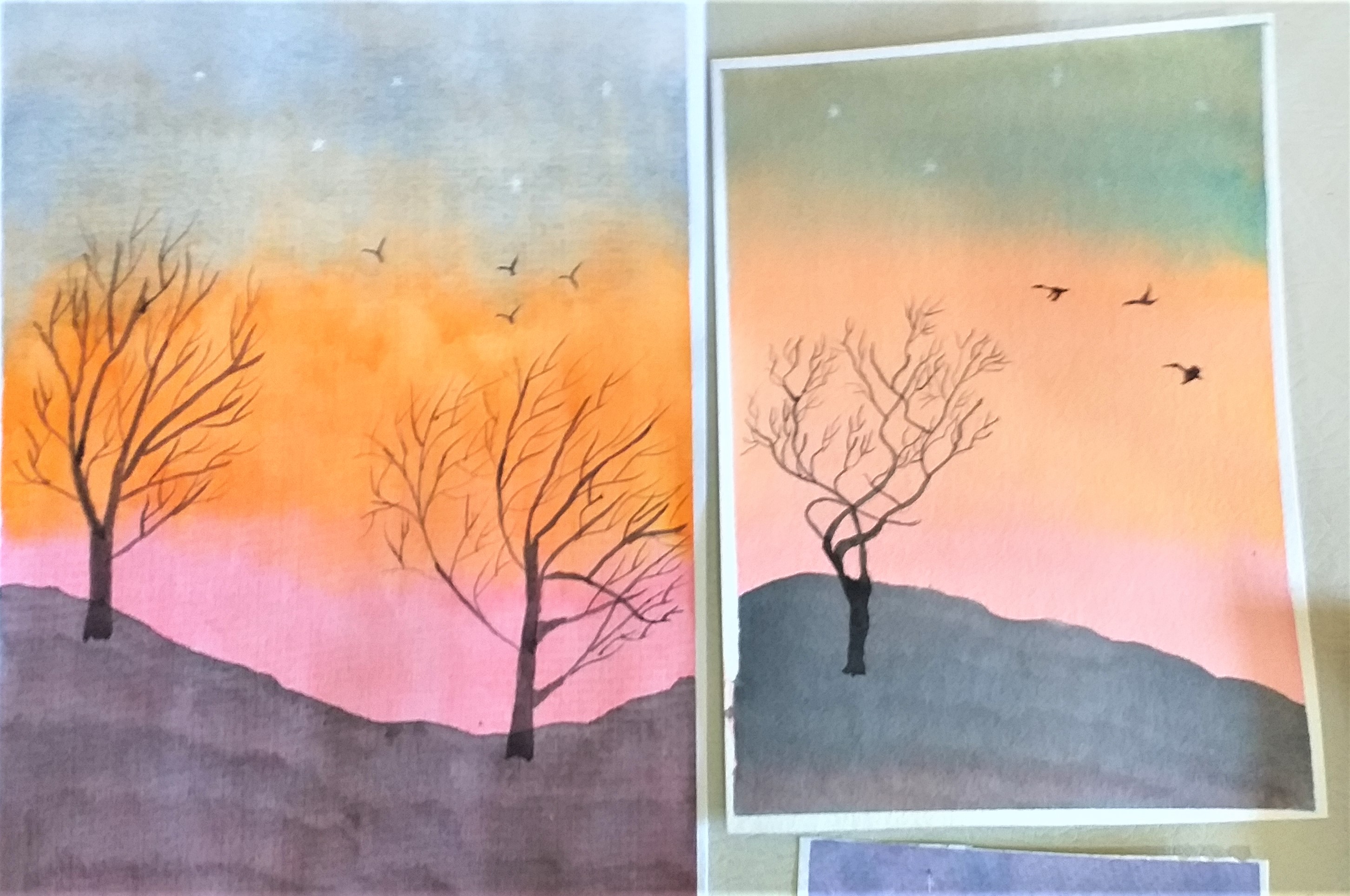 Beautiful watercolours of sunset produced at Art course in Worcestershire