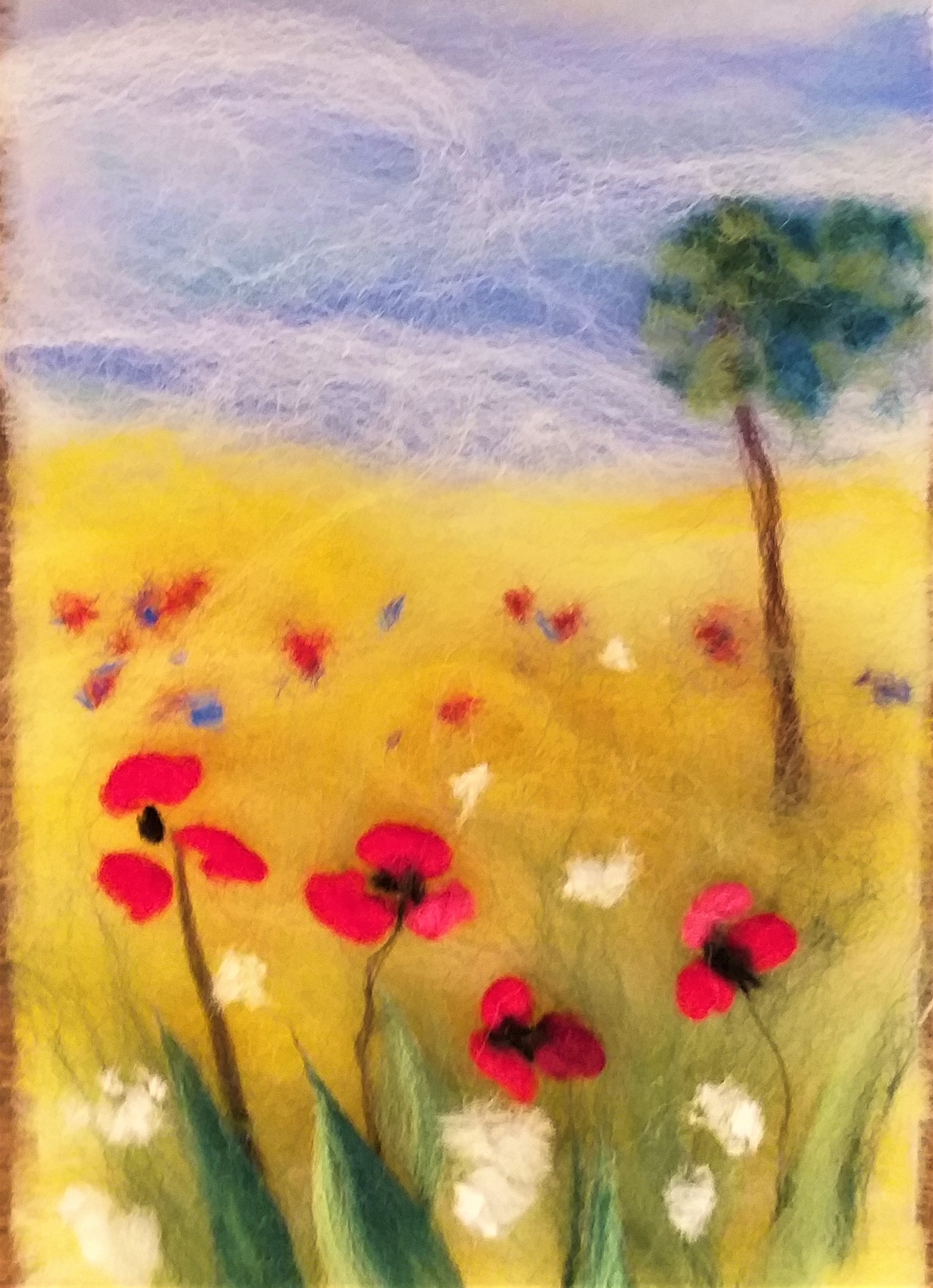 Miniature wool fibre painting of poppies created at Art course in Broadway Tower barn with Raya Brown